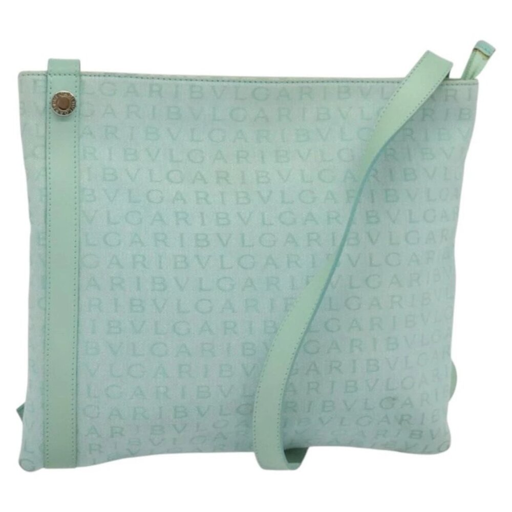 BVLGARI Logo Mania Shoulder Bag Canvas Green Silver Auth BA4215